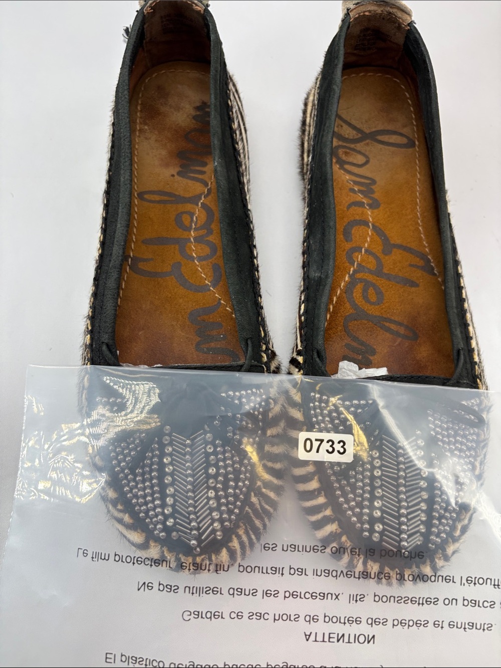 Sam Edelman Womens 8.5 Black & Cream Zebra-Print Studded Ballet Flats #733 - Picture 13 of 15